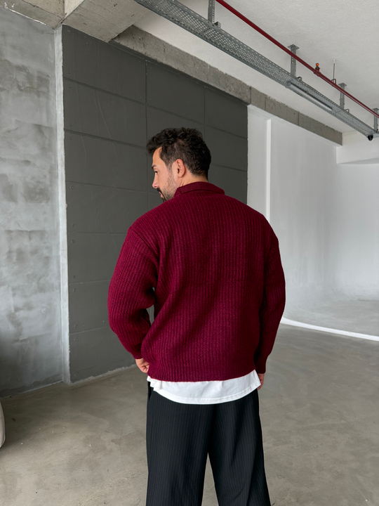 Bordo Polo Yaka Şardonlu Düğmeli Boxy Kazak SNZ 1011