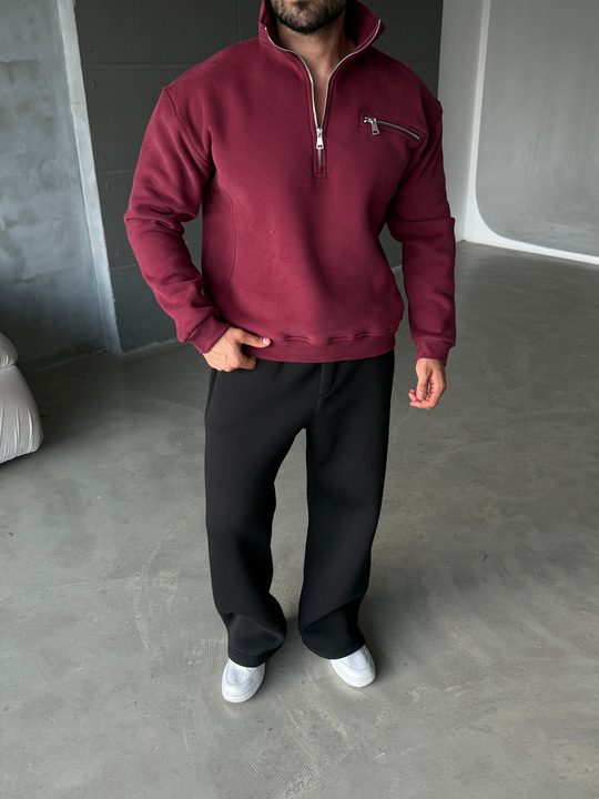 Bordo Yüksek Yaka Göğüs Fermuarlı Boxy Sweatshirt SNZ 5109