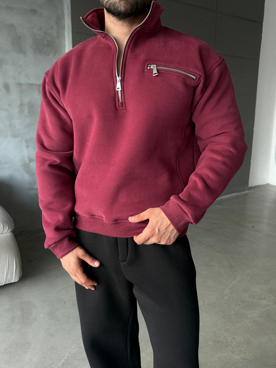Bordo Yüksek Yaka Göğüs Fermuarlı Boxy Sweatshirt SNZ 5109