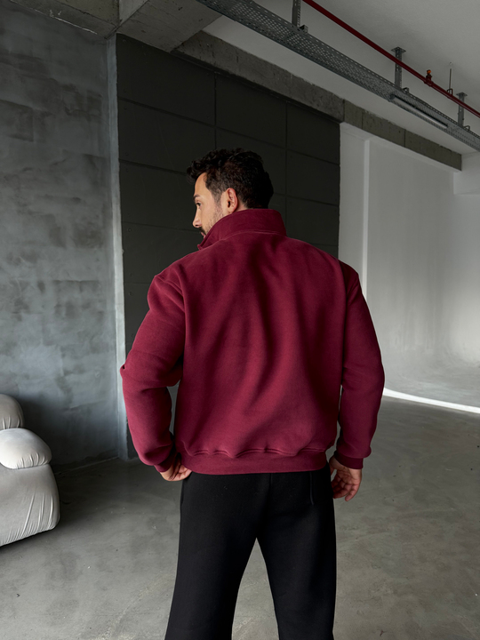 Bordo Yüksek Yaka Göğüs Fermuarlı Boxy Sweatshirt SNZ 5109