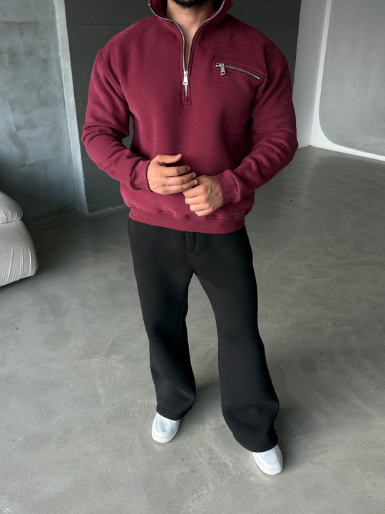 Bordo Yüksek Yaka Göğüs Fermuarlı Boxy Sweatshirt SNZ 5109