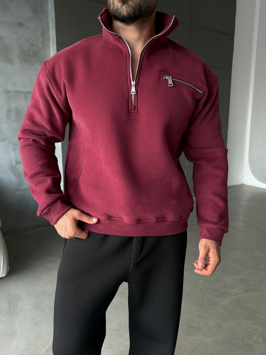 Bordo Yüksek Yaka Göğüs Fermuarlı Boxy Sweatshirt SNZ 5109