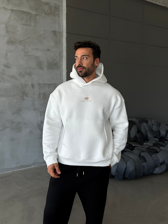 Ekru Kapşonlu Santranç Aplikeli Sweatshirt PLZ 27007