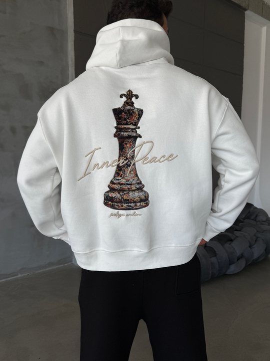 Ekru Kapşonlu Santranç Aplikeli Sweatshirt PLZ 27007