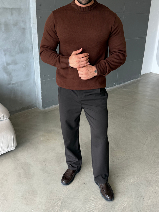 Kahve Bisiklet Yaka Basic Oversize Kazak TB