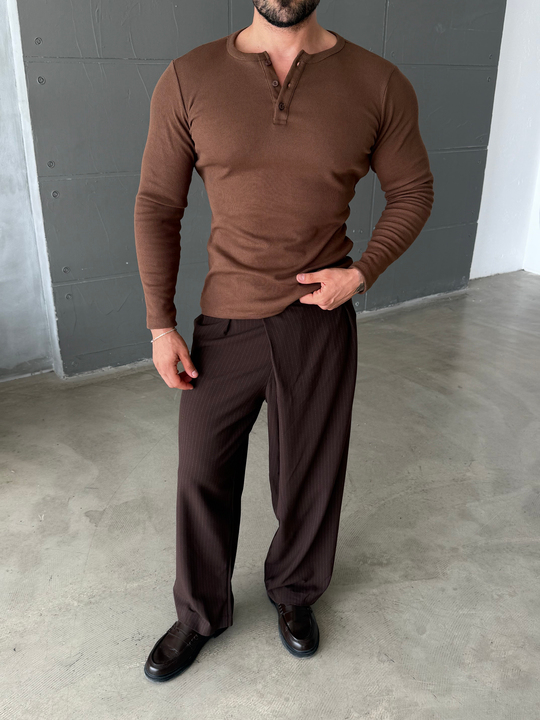 Kahve Henley Yaka Uzun Kol SC