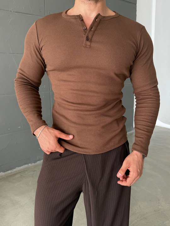Kahve Henley Yaka Uzun Kol SC