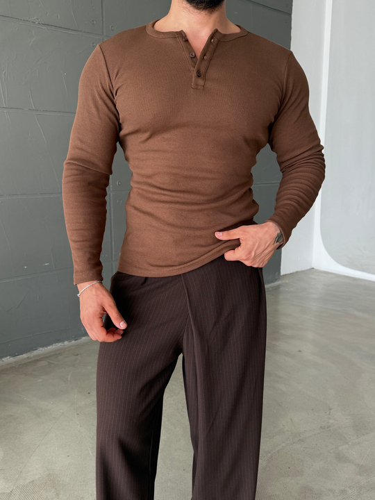 Kahve Henley Yaka Uzun Kol SC