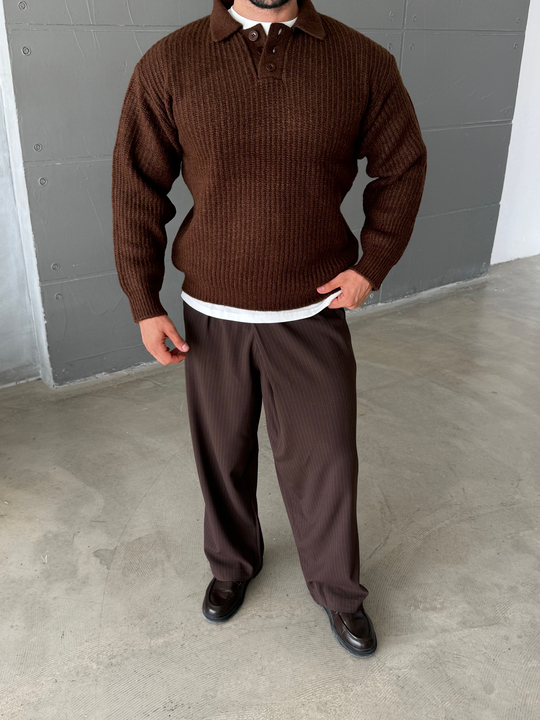 Kahve Polo Yaka Şardonlu Düğmeli Boxy Kazak SNZ 1011