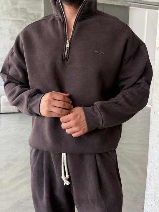 Kahve Yıkamalı Yarım Fermuar Sweatshirt PLZ 27027