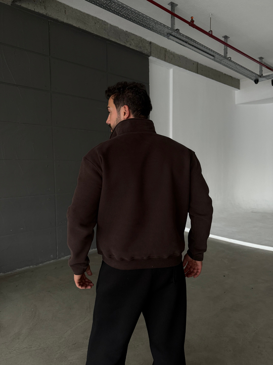 Kahve Yüksek Yaka Göğüs Fermuarlı Boxy Sweatshirt SNZ 5109
