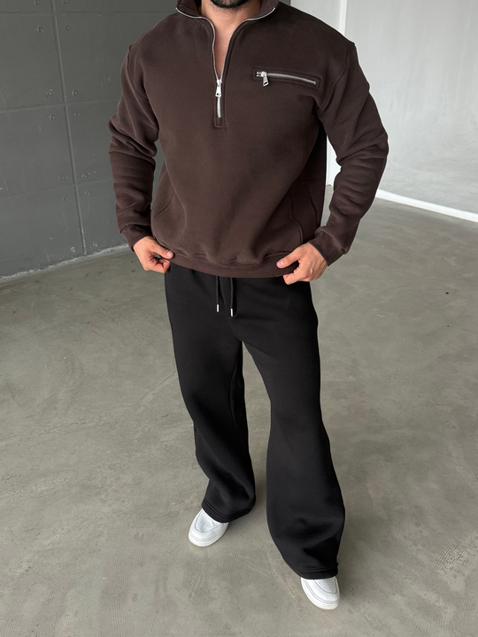 Kahve Yüksek Yaka Göğüs Fermuarlı Boxy Sweatshirt SNZ 5109