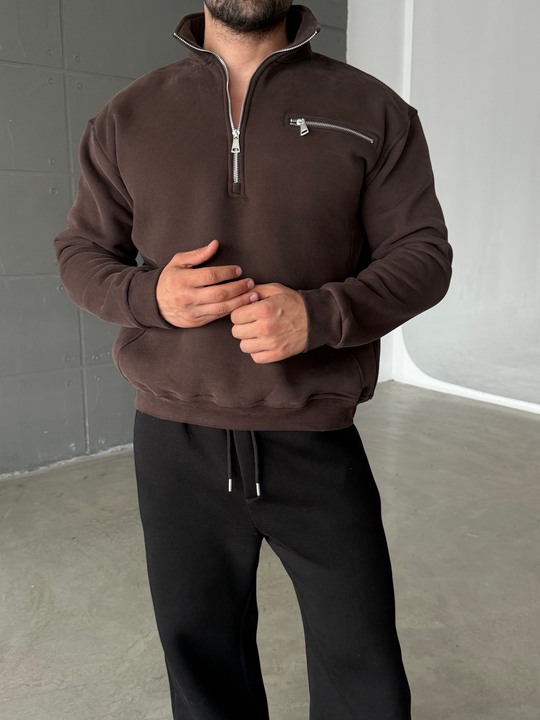 Kahve Yüksek Yaka Göğüs Fermuarlı Boxy Sweatshirt SNZ 5109