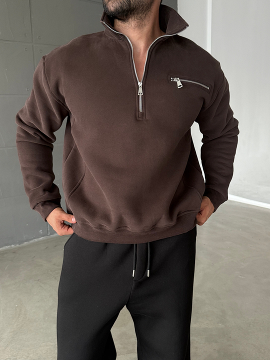 Kahve Yüksek Yaka Göğüs Fermuarlı Boxy Sweatshirt SNZ 5109