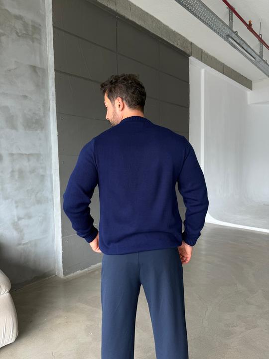 Lacivert Bisiklet Yaka Basic Oversize Kazak TB