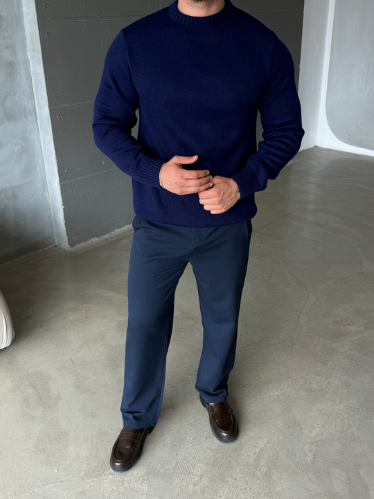 Lacivert Bisiklet Yaka Basic Oversize Kazak TB