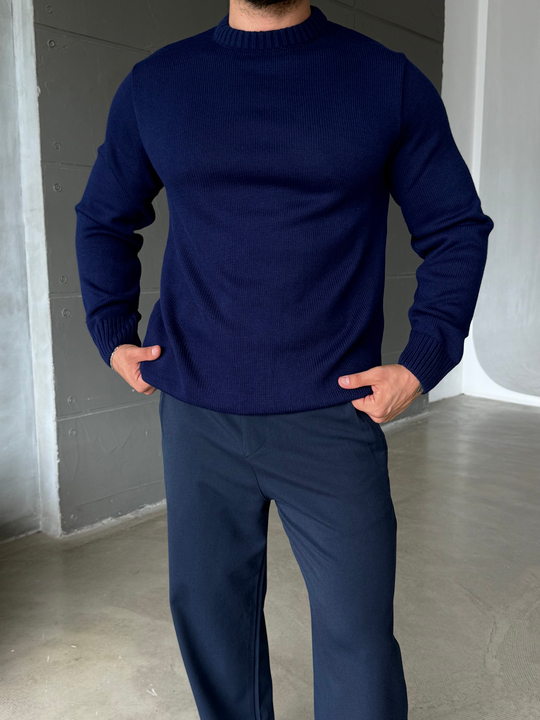 Lacivert Bisiklet Yaka Basic Oversize Kazak TB
