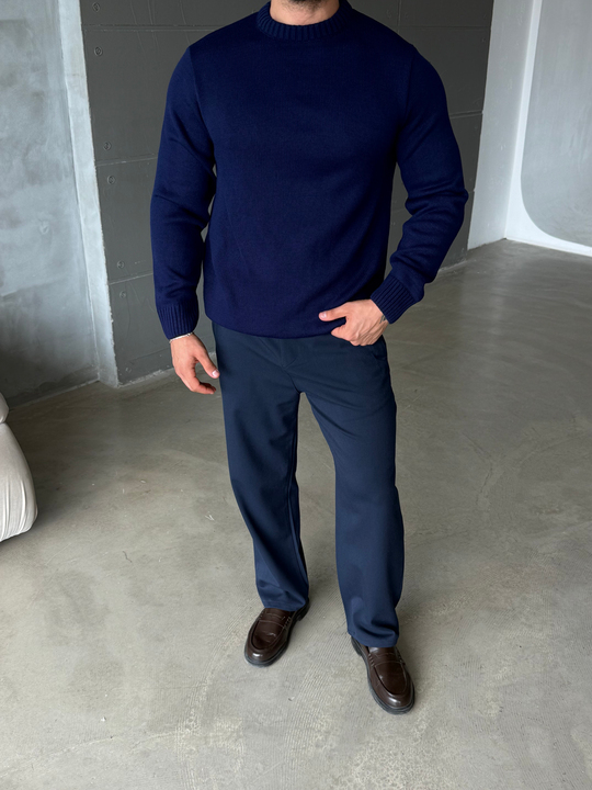 Lacivert Bisiklet Yaka Basic Oversize Kazak TB