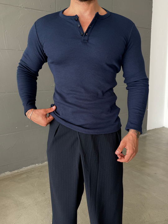 Lacivert Henley Yaka Uzun Kol SC