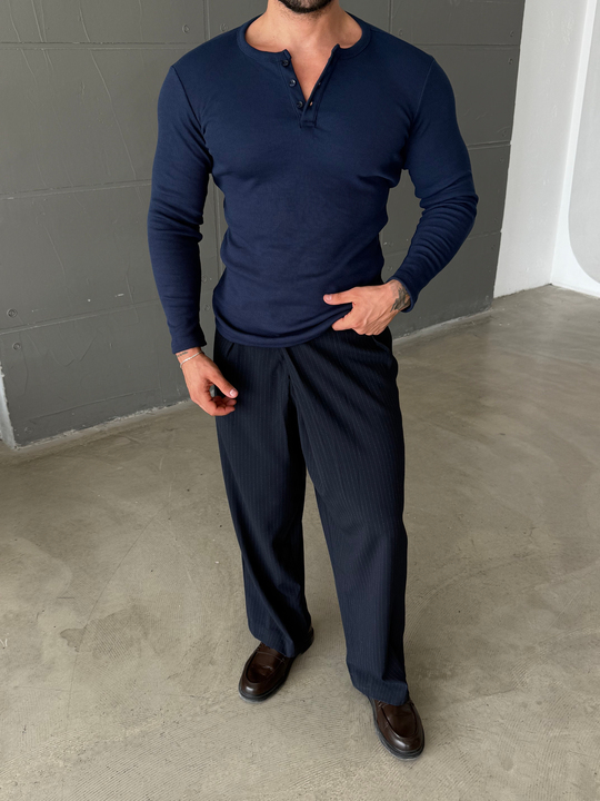 Lacivert Henley Yaka Uzun Kol SC