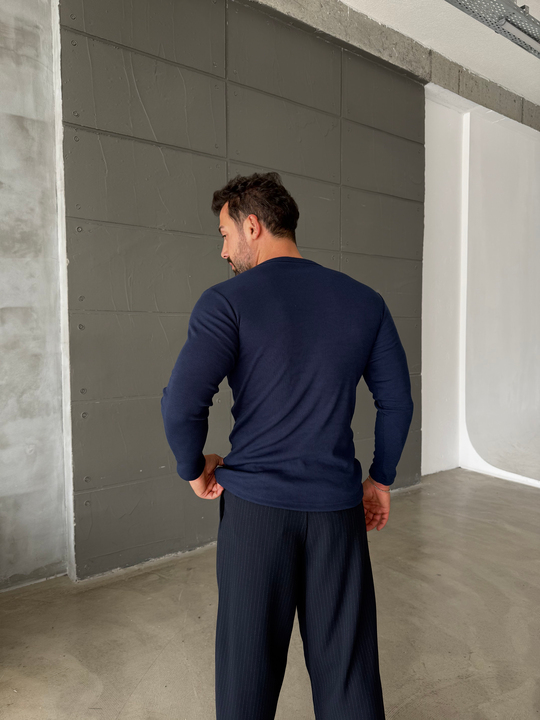 Lacivert Henley Yaka Uzun Kol SC