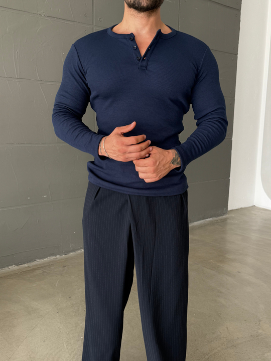 Lacivert Henley Yaka Uzun Kol SC