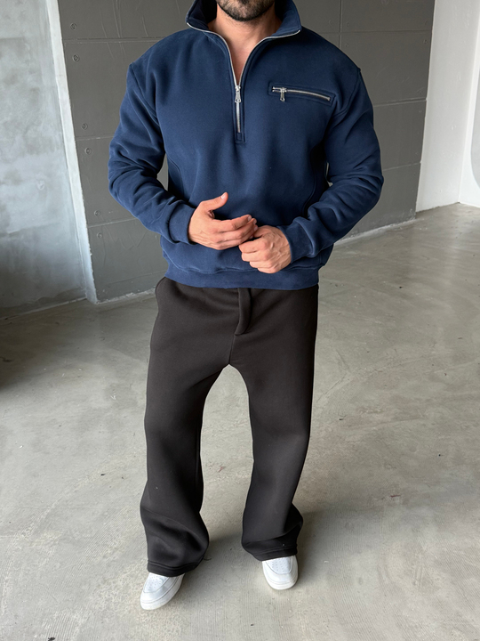 Lacivert Yüksek Yaka Göğüs Fermuarlı Boxy Sweatshirt SNZ 5109