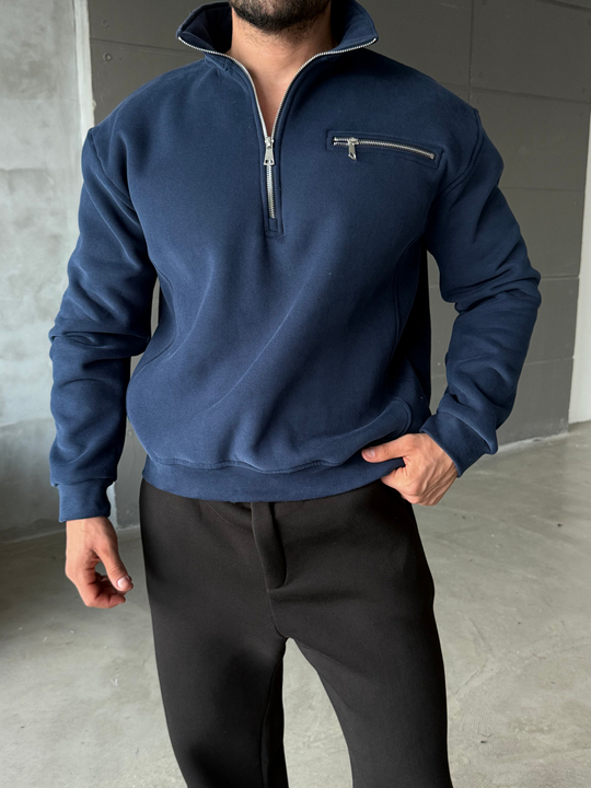 Lacivert Yüksek Yaka Göğüs Fermuarlı Boxy Sweatshirt SNZ 5109