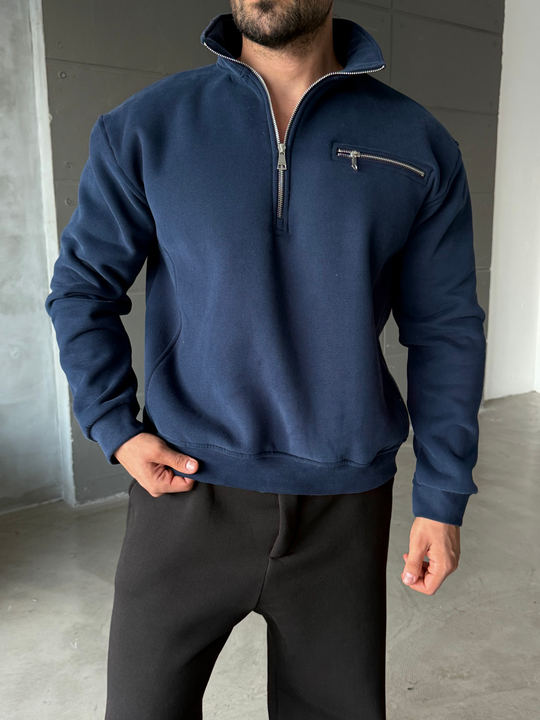 Lacivert Yüksek Yaka Göğüs Fermuarlı Boxy Sweatshirt SNZ 5109