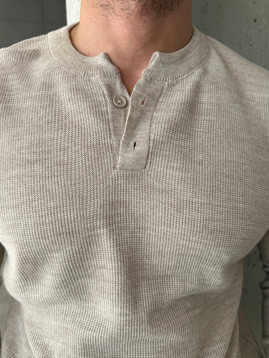 Bej Henley Yaka Örgü Relax Fit Triko SNZ