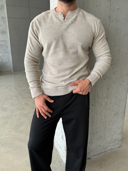 Bej Henley Yaka Örgü Relax Fit Triko SNZ