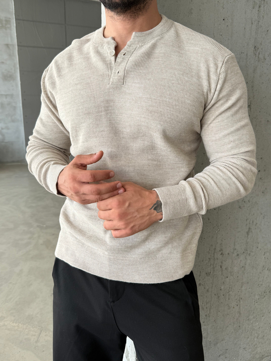 Bej Henley Yaka Örgü Relax Fit Triko SNZ