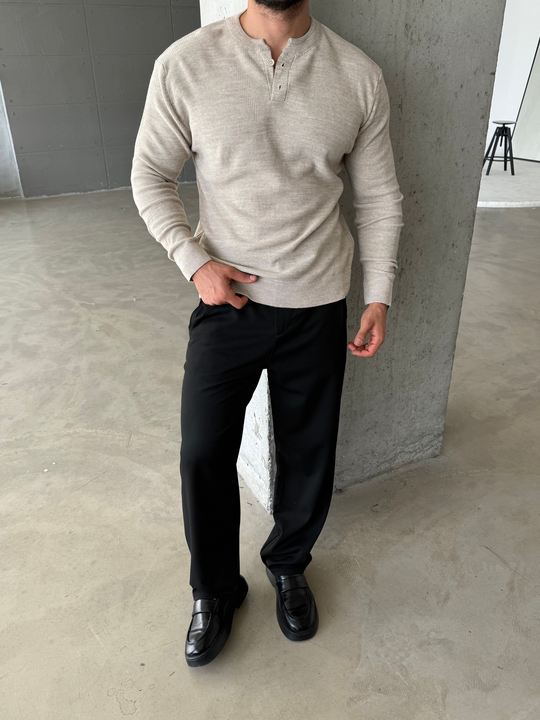 Bej Henley Yaka Örgü Relax Fit Triko SNZ