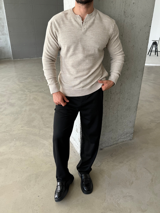 Bej Henley Yaka Örgü Relax Fit Triko SNZ