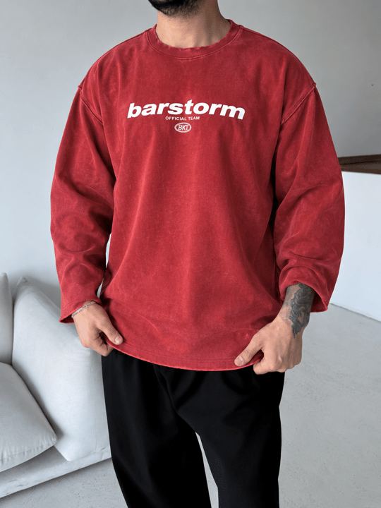 Bordo Barstorm Baskılı Pis Kesim Yıkamalı Boxy Sweatshirt BRR 80104