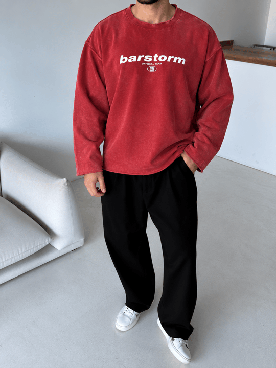 Bordo Barstorm Baskılı Pis Kesim Yıkamalı Boxy Sweatshirt BRR 80104