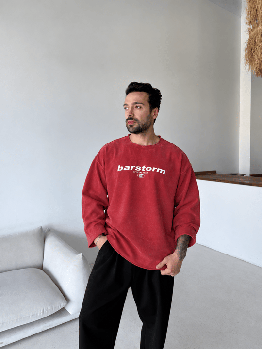 Bordo Barstorm Baskılı Pis Kesim Yıkamalı Boxy Sweatshirt BRR 80104