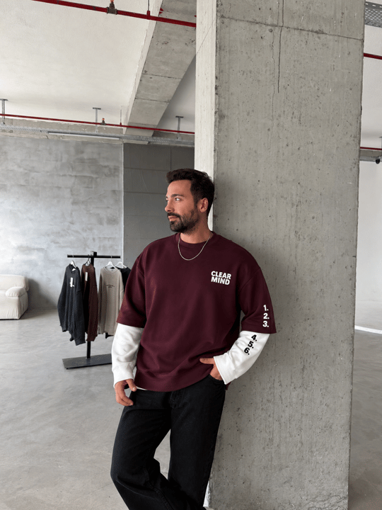 Bordo Clear Mind Baskılı Parçalı Sweatshirt Boxy RSP 5009