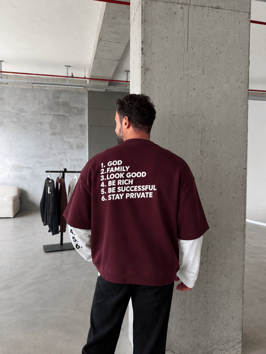 Bordo Clear Mind Baskılı Parçalı Sweatshirt Boxy RSP 5009