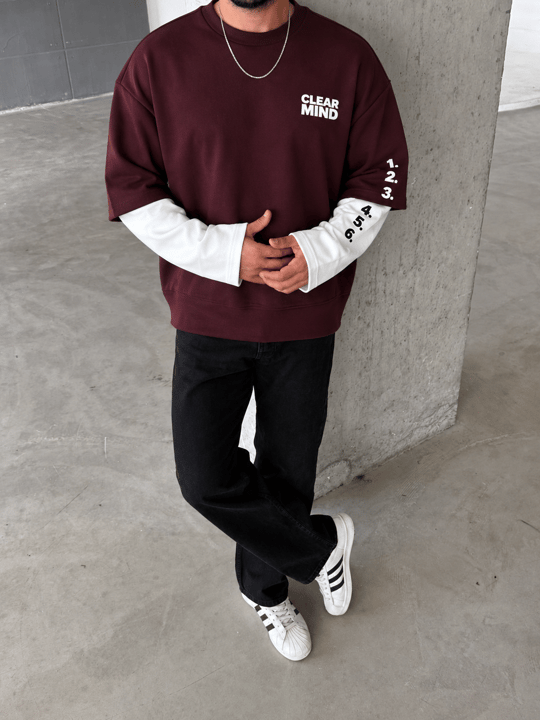 Bordo Clear Mind Baskılı Parçalı Sweatshirt Boxy RSP 5009