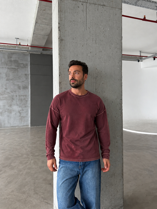 Bordo Yıkamalı Bisiklet Yaka İki İplik Sweatshirt KN 5751