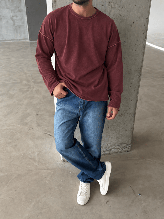 Bordo Yıkamalı Bisiklet Yaka İki İplik Sweatshirt KN 5751