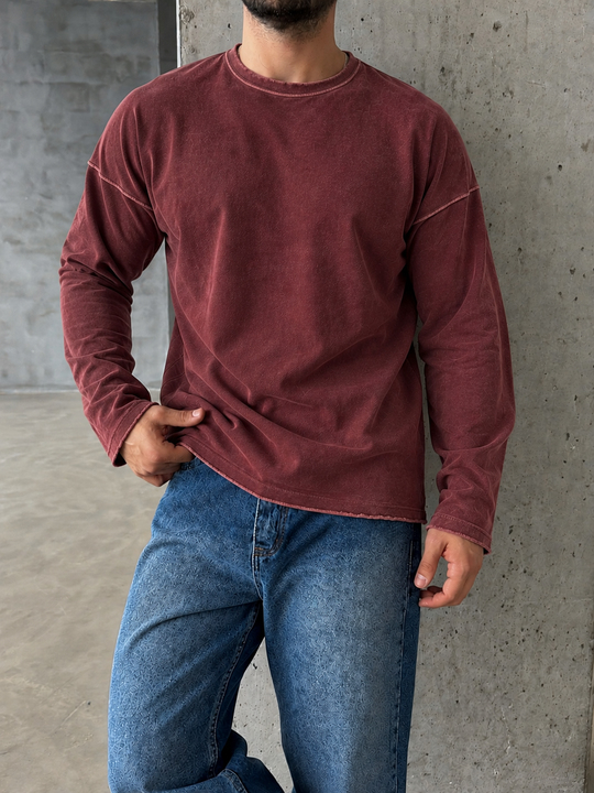 Bordo Yıkamalı Bisiklet Yaka İki İplik Sweatshirt KN 5751