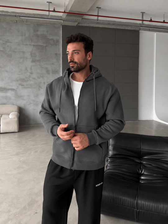 Boyamagri Fermuarlı Kapşonlu 3 İplik Hoodie Model 16