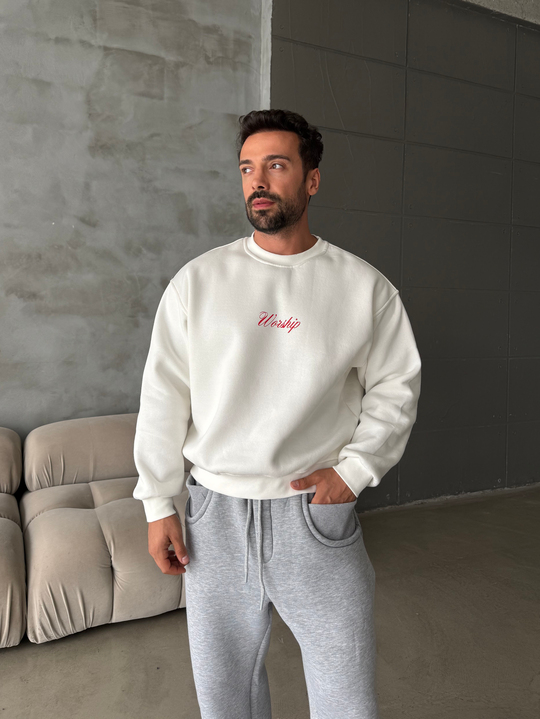 Ekru Bisiklet Yaka Worship Boxy Baskılı Sweatshirt PNC 6059