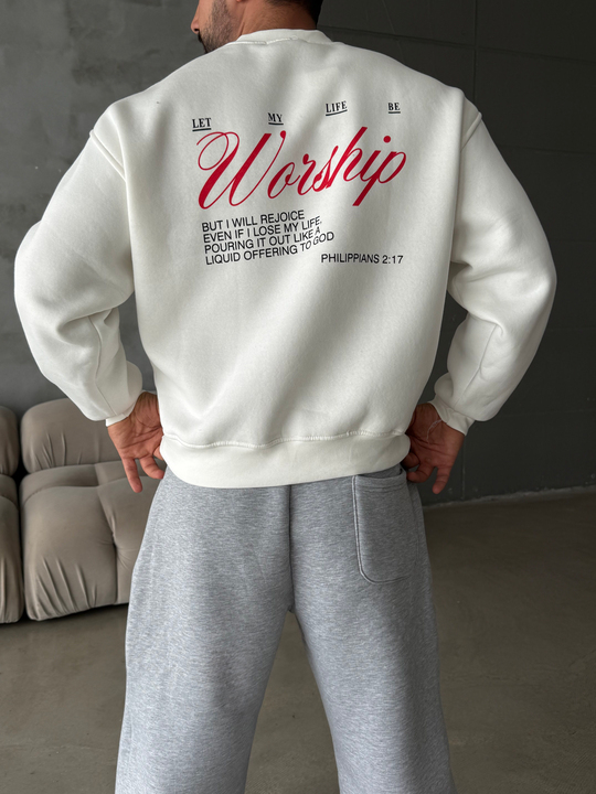 Ekru Bisiklet Yaka Worship Boxy Baskılı Sweatshirt PNC 6059