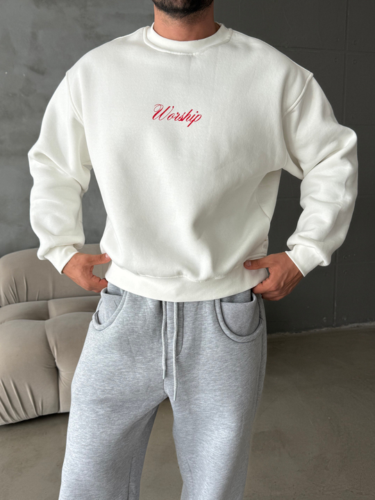 Ekru Bisiklet Yaka Worship Boxy Baskılı Sweatshirt PNC 6059
