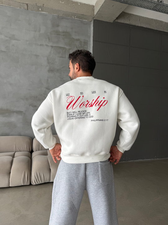 Ekru Bisiklet Yaka Worship Boxy Baskılı Sweatshirt PNC 6059