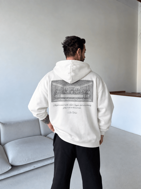 Ekru Da Vinci Kabartma Baskı Boxy Sweatshirt RSP 5003
