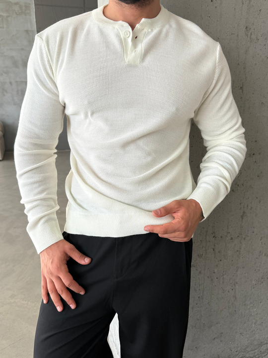 Ekru Henley Yaka Örgü Relax Fit Triko SNZ